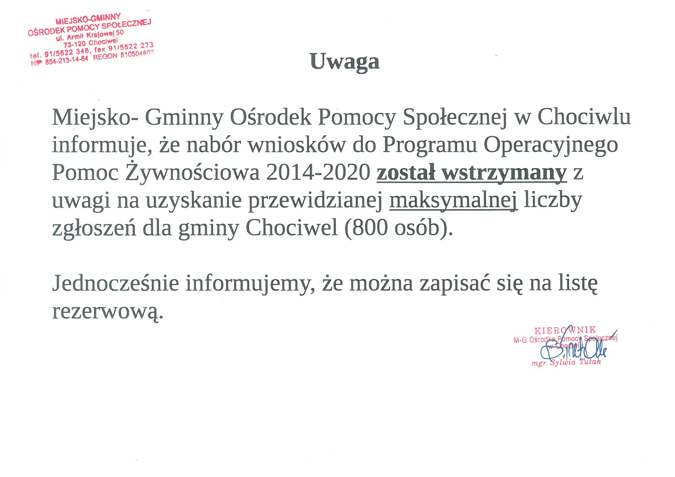 Ogłoszenie MGOPS w Chociwlu