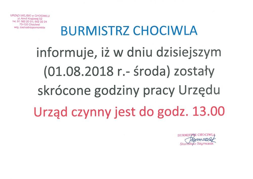 Informacja o skróconym dniu pracy.