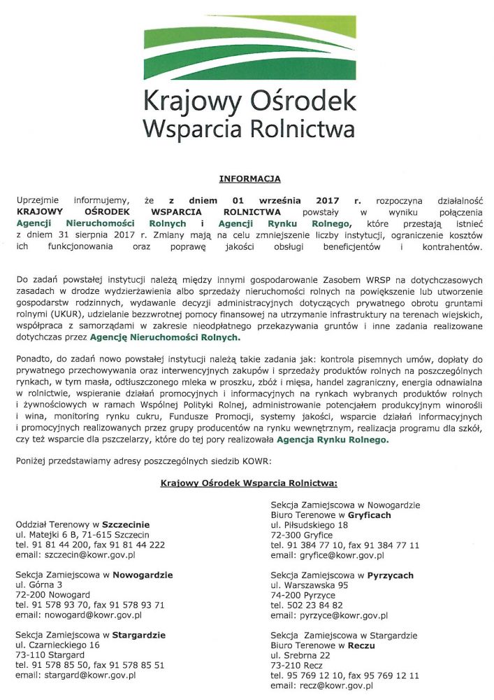 Informacja o powstaniu Krajowego Ośrodka Wspierania Rolnictwa