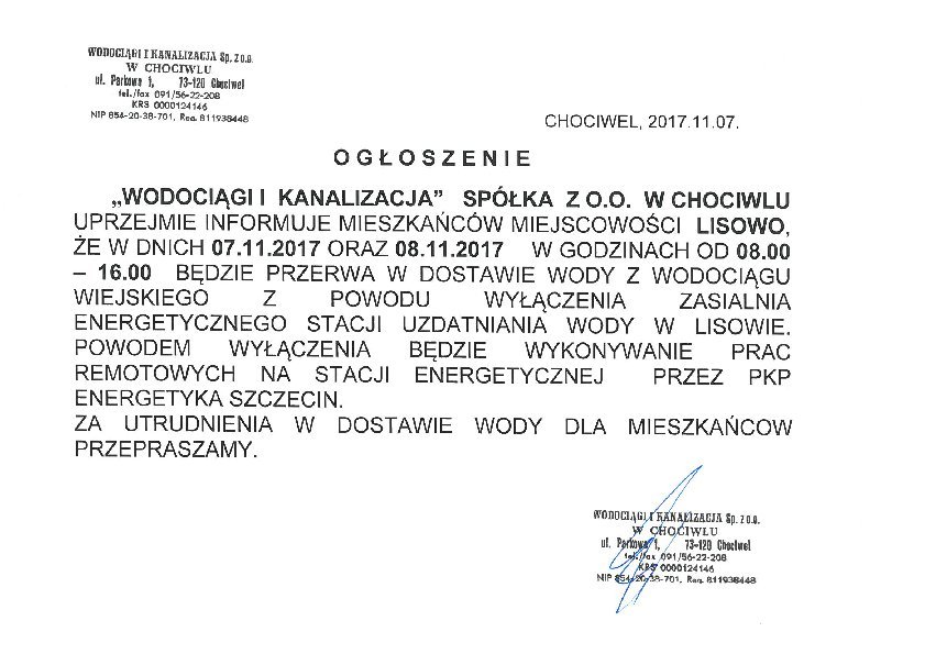 Ogłoszenie spółki "Wodociągi i Kanalizacja"