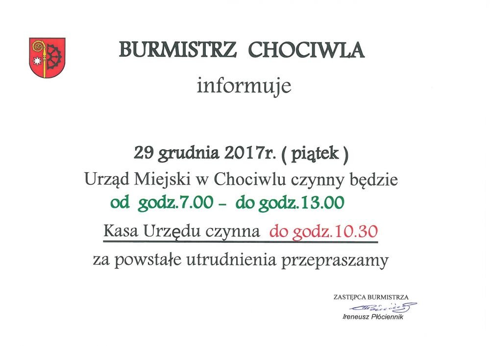 Godziny pracy Urzędu Miejskiego w dniu 29 grudnia 2017 r.