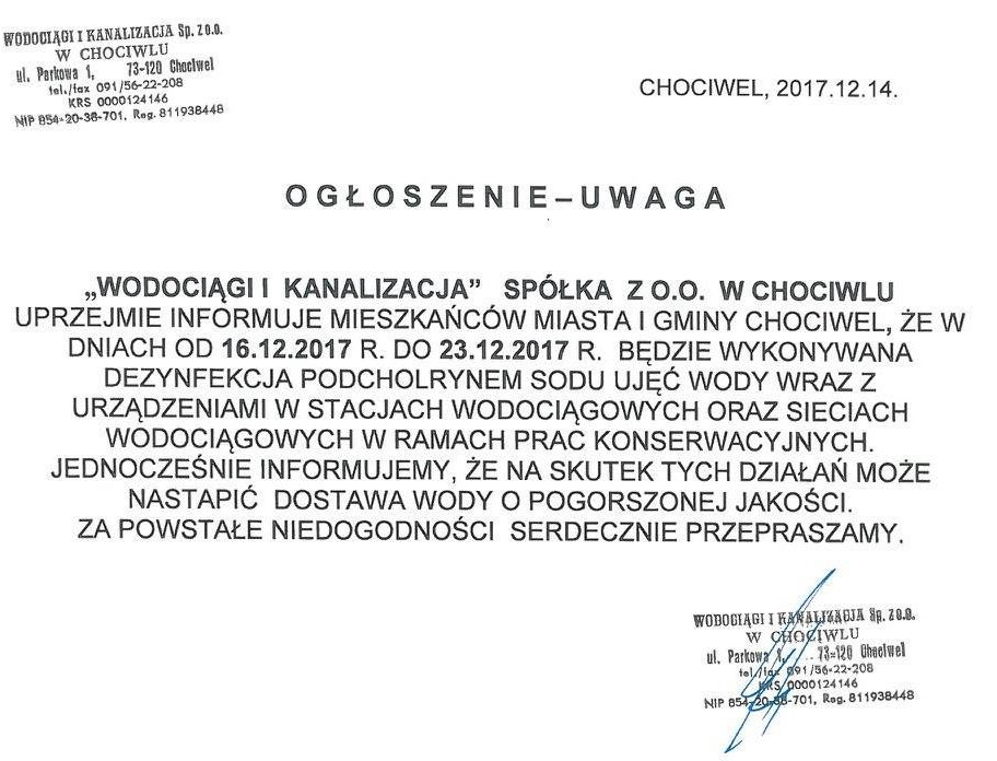 Ogłoszenie  spółki Wodociagi i Kanalizacja