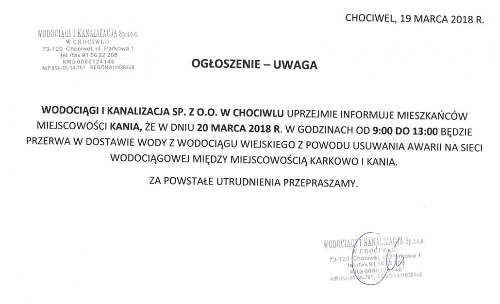 Informacja spółki "Wodociągi i Kanalizacja"