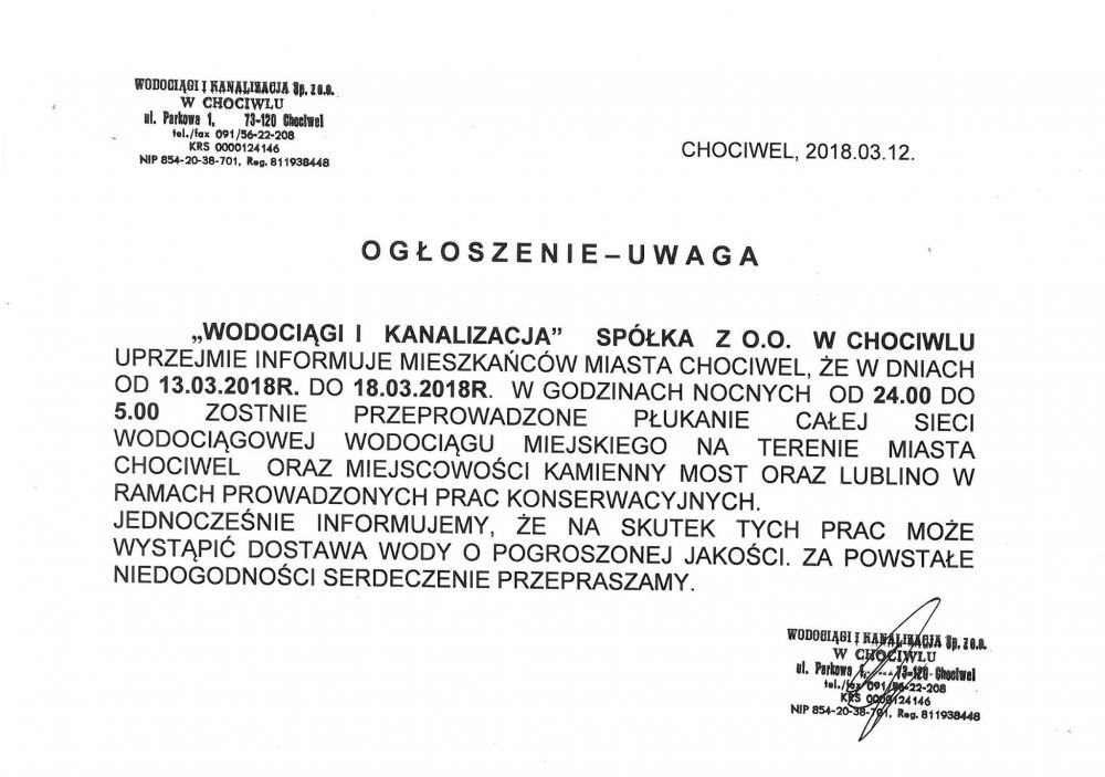 Ogłoszenie spółki "Wodociągi i Kanalizacja"