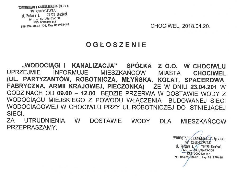 Treść ogłoszenia - Chociwel