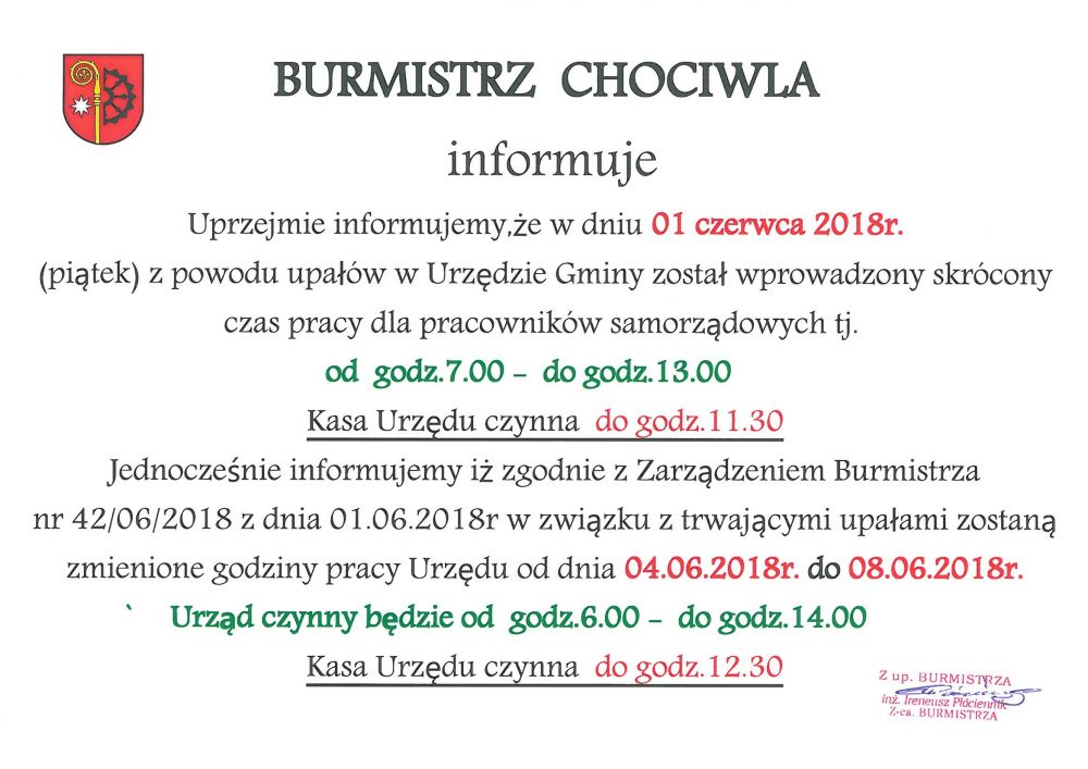 Uwaga - zmiany godzin pracy Urzędu Miejskiego w Chociwlu