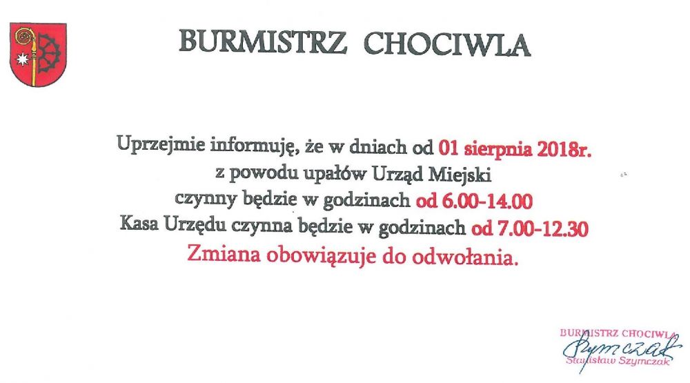 Uwaga - zmiana godzin pracy w Urzędzie Miejskim i M-GOPS