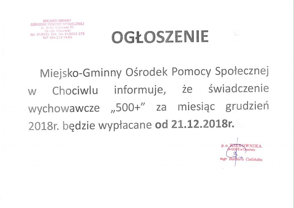 MGOPS w Chociwlu informuje o świadczeniu wychowawczym 500+