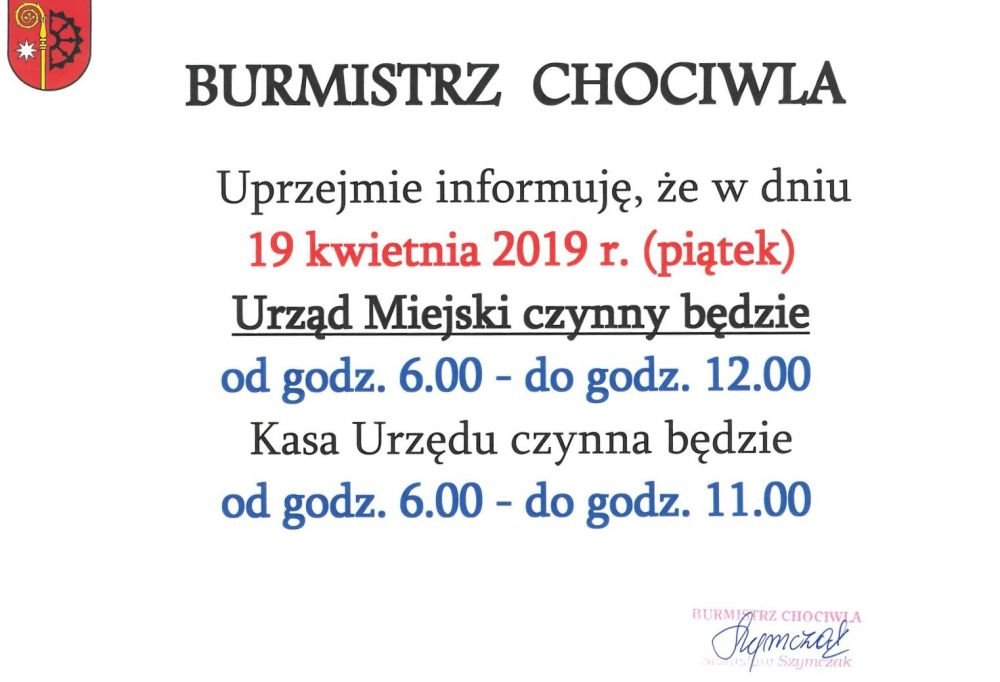 Godziny pracy Urzędu Miejskiego w dniu 19.04.2019 roku