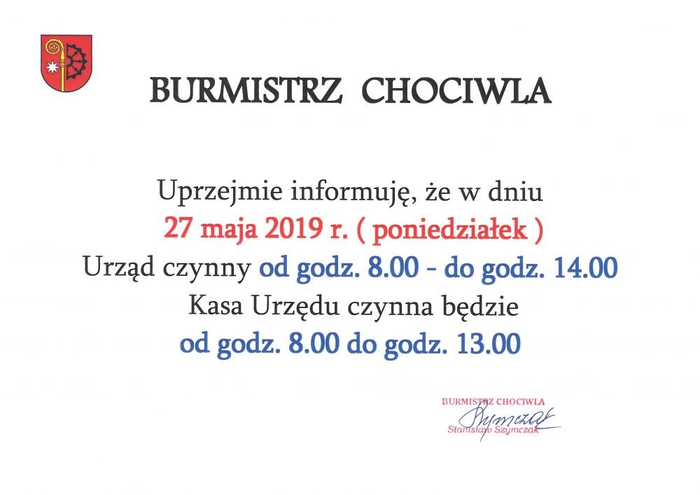 Godziny pracy Urzędu Miejskiego w dniu 27.05.2019 roku