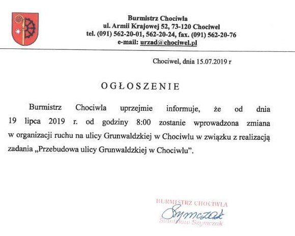 Zmiana w organizacji ruchu na ulicy Grunwaldzkiej w Chociwlu