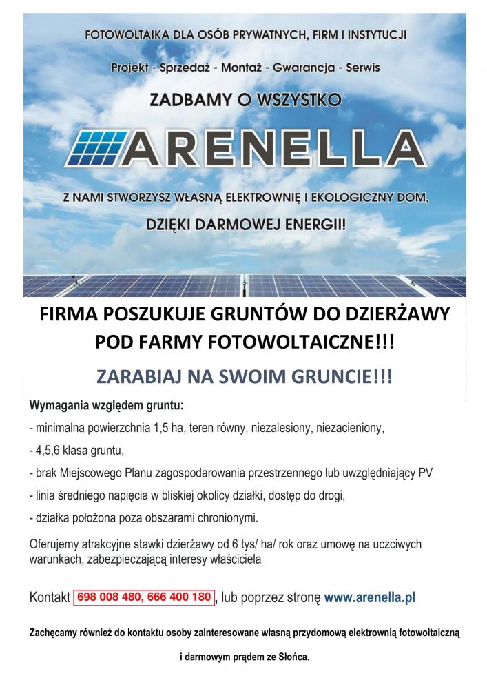 Oferta dzierżwy terenów pod farmy fotowoltaiczne