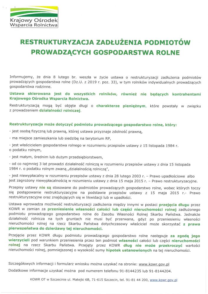 Restrukturyzacja zadłużenia podmiotów prowadzących gospodarstwa rolne