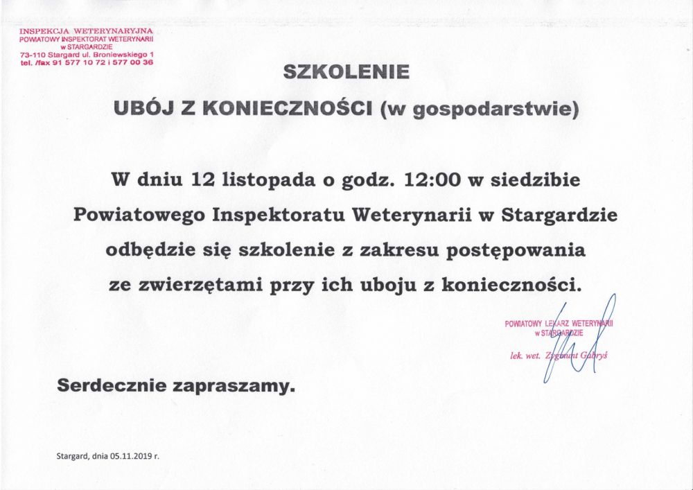 Ubój z konieczności (w gospodarstwie) - szkolenie