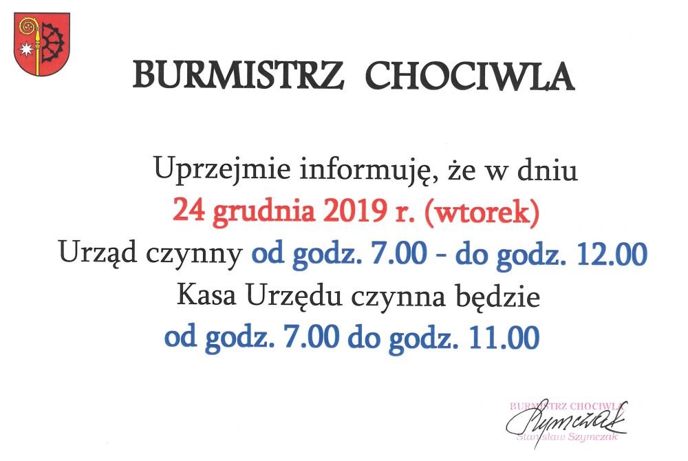 Godziny pracy Urzędu Miejskiego w dniu 24.12.2019 roku