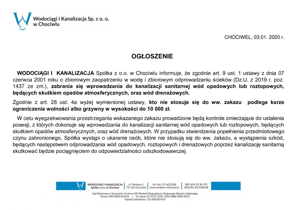 Ogłoszenie spółki "Wodociągi i Kanalizacja"