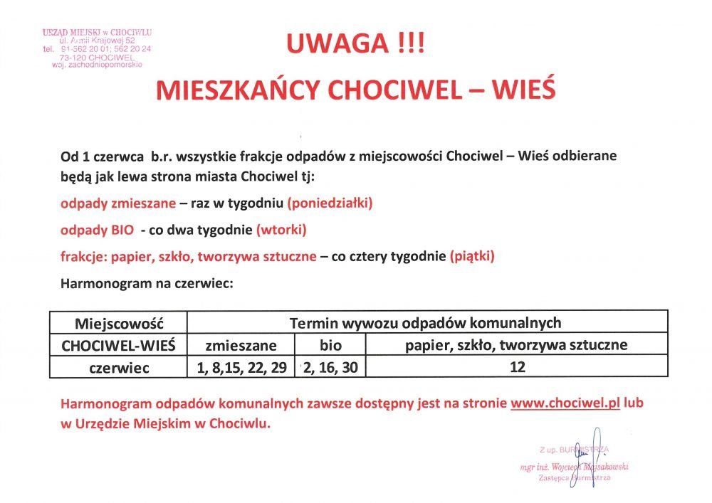 Chociwel-Wieś - zmaina terminu wywozu odpadów