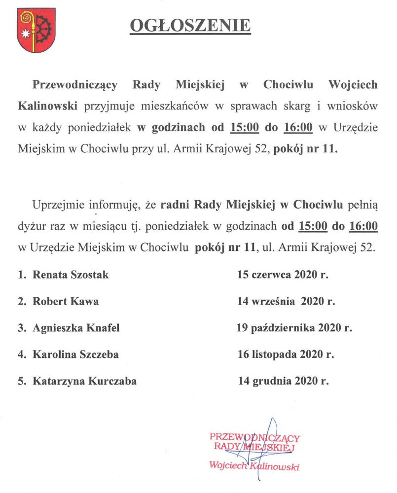 Informacja o dyżurach radnych Rady Miejskiej w Chociwlu