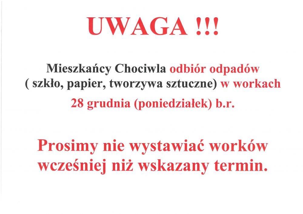 Ogłoszenie o odbiorze w workach