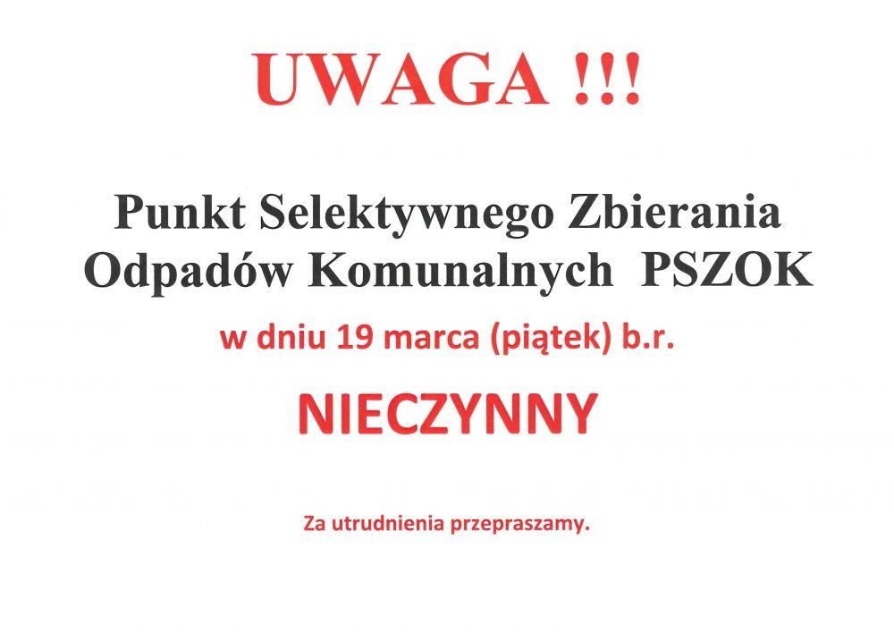 Uwaga! PSZOK nieczynny w dniu 19.03.2021