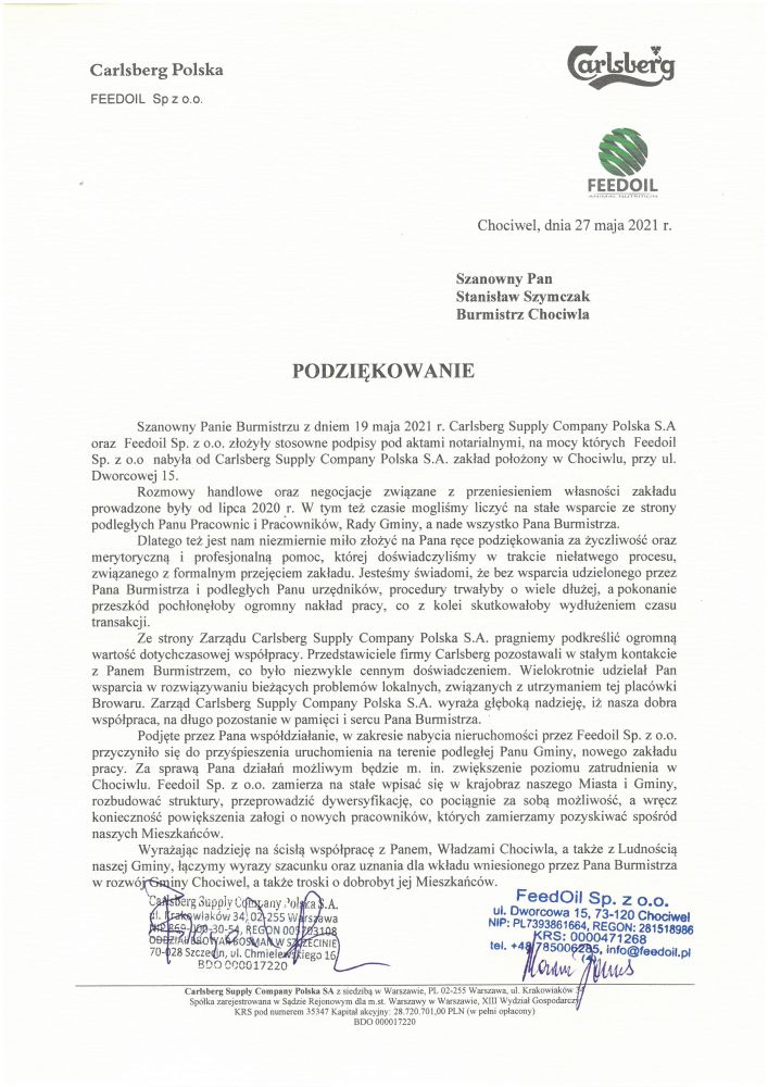Podziękowania dla Burmistrza Chociwla