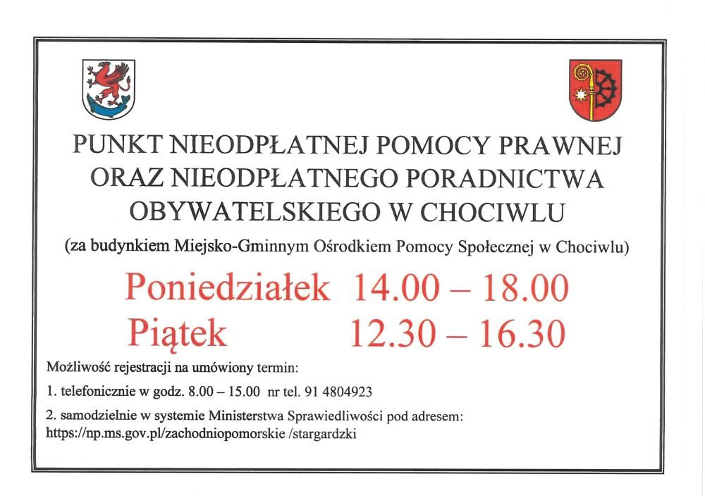 Punkt Nieodpłatnej Pomocy Prawnej oraz nieodpłatnego poradnictwa Obywatelskiego w Chociwlu