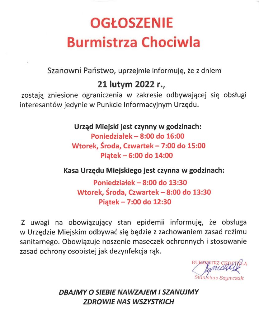 Ogłoszenie Burmistrza Chociwla