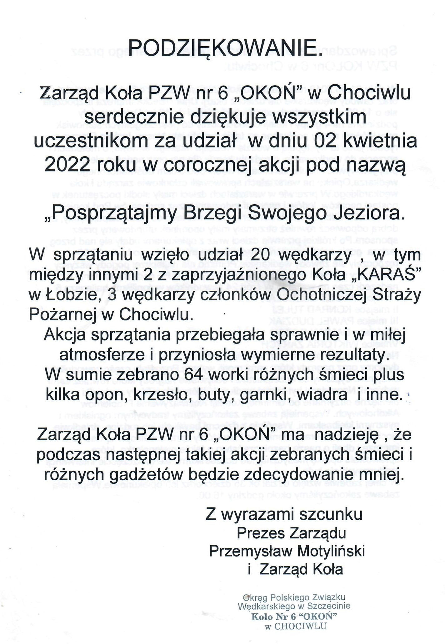 Podziękowanie za udział w sprzątaniu brzegu jeziora