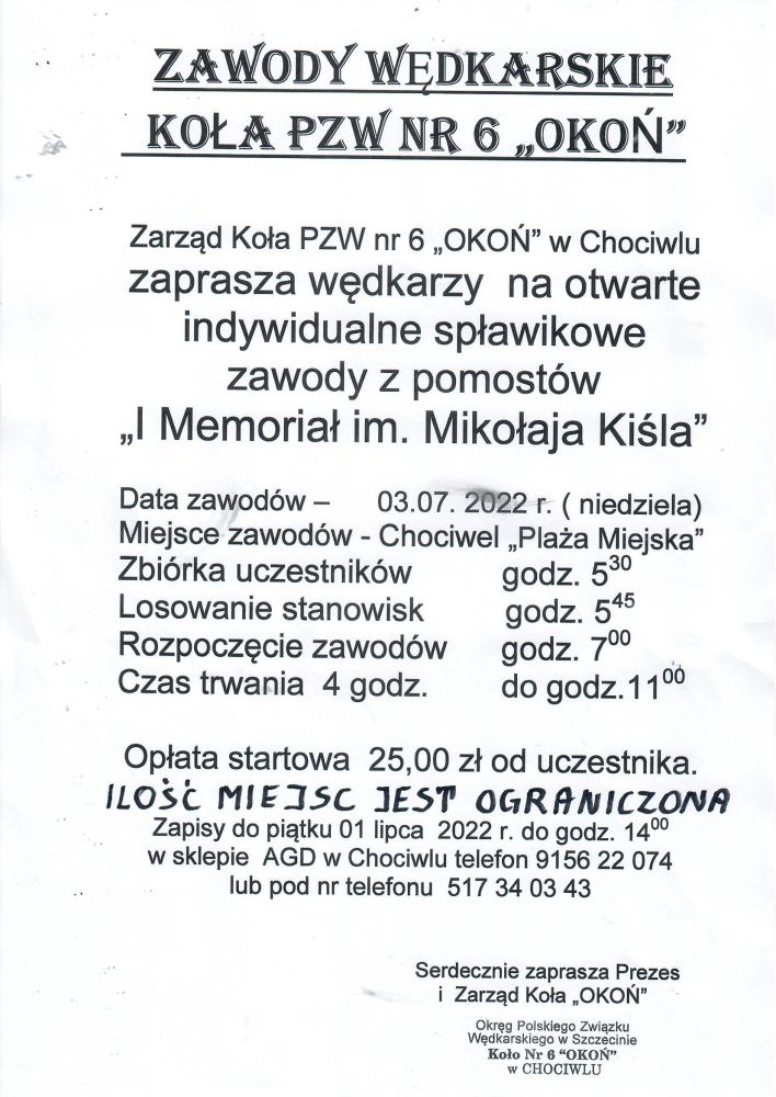 Zaproszenie na zawody wędkarskie Koła PZW nr 6 „Okoń”