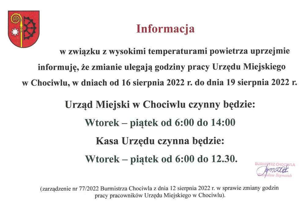 Zmiana godzin pracy Urzędu Miejskiego w Chociwlu