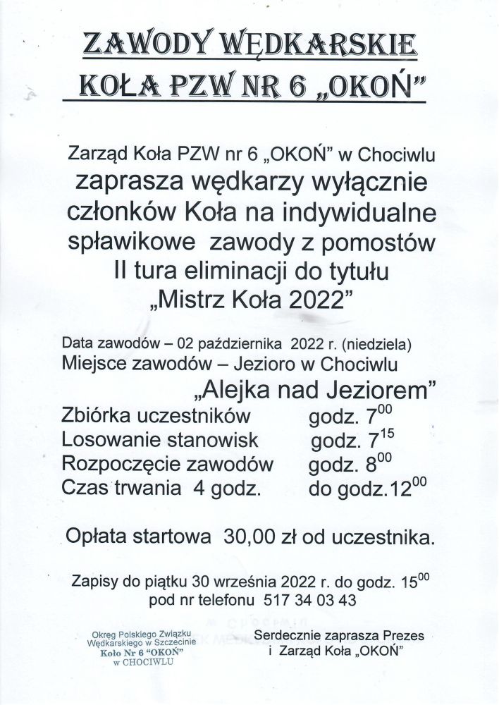 Zaproszenie na Zawody Wędkarskie Koła PZW Nr 6 „Okoń"