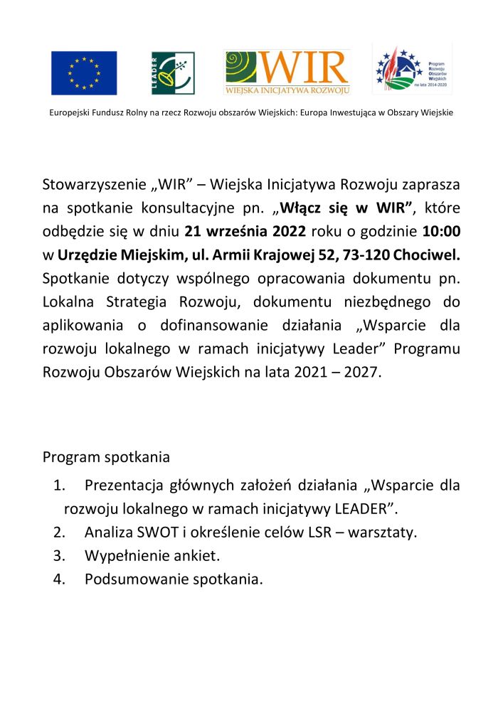 Spotkanie konsultacyjne pn. "Włącz się w WIR"