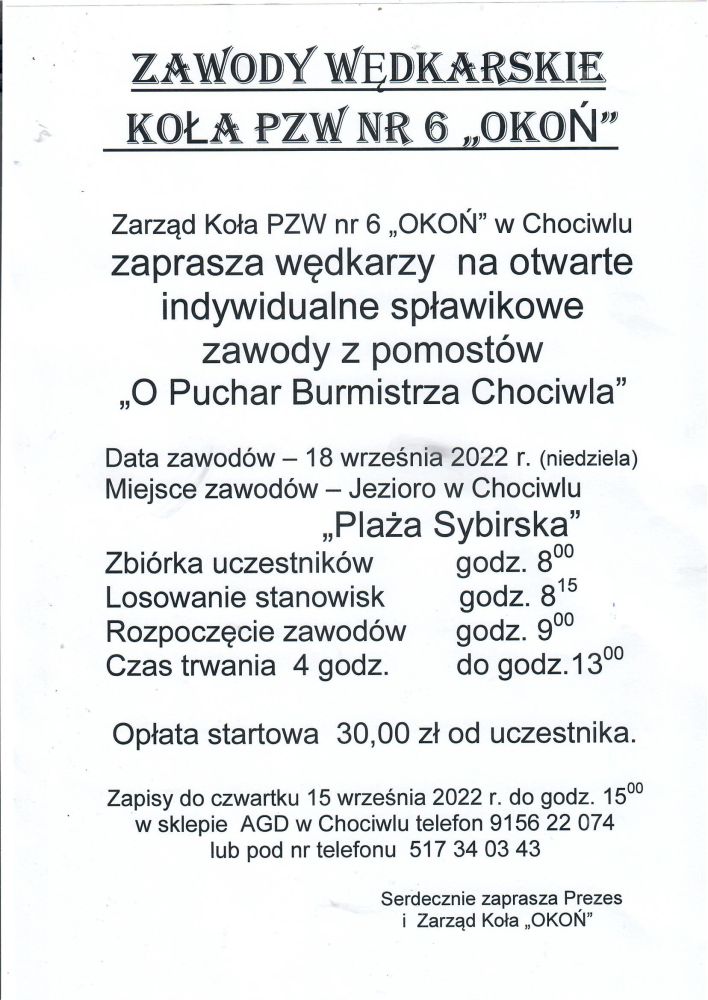 Zawody wędkarskie „O Puchar Burmistrza Chociwla”