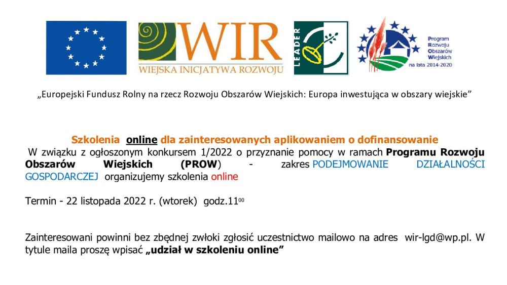  Stowarzyszenie ”WIR” zaprasza na szkolenie z podejmowania działalności gospodarczej