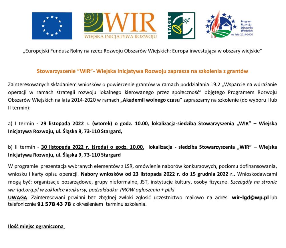 Stowarzyszenie ”WIR” zaprasza na szkolenia z grantów