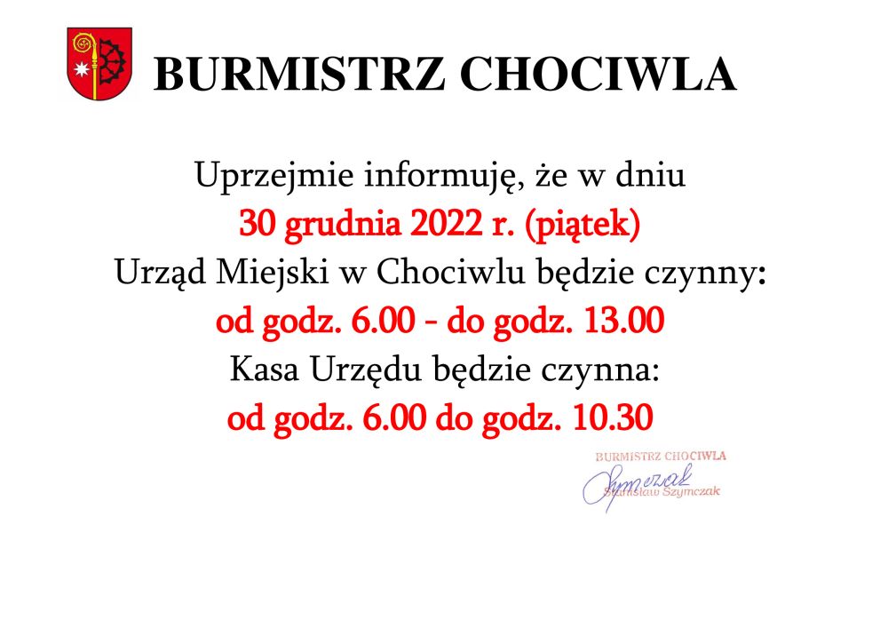 30.12.2022 - godziny pracy Urzędu Miejskiego w Chociwlu