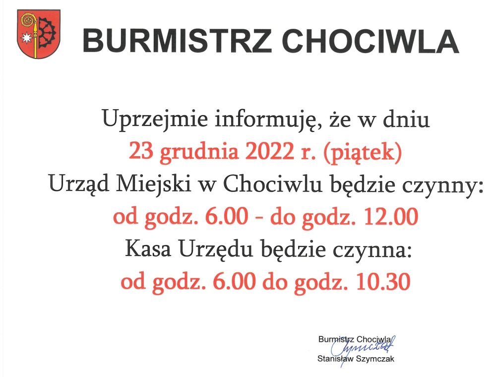 23.12.2022 - godziny pracy Urzedu Miejskiego 