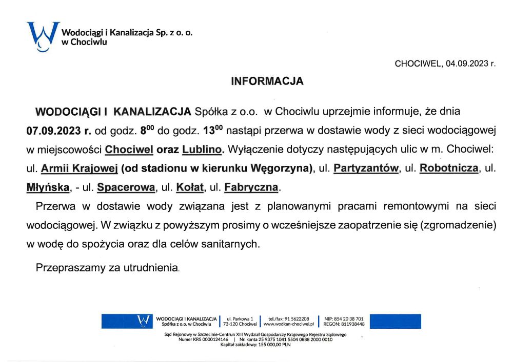 Informacja spółki Wodociągi i Kanalizacja