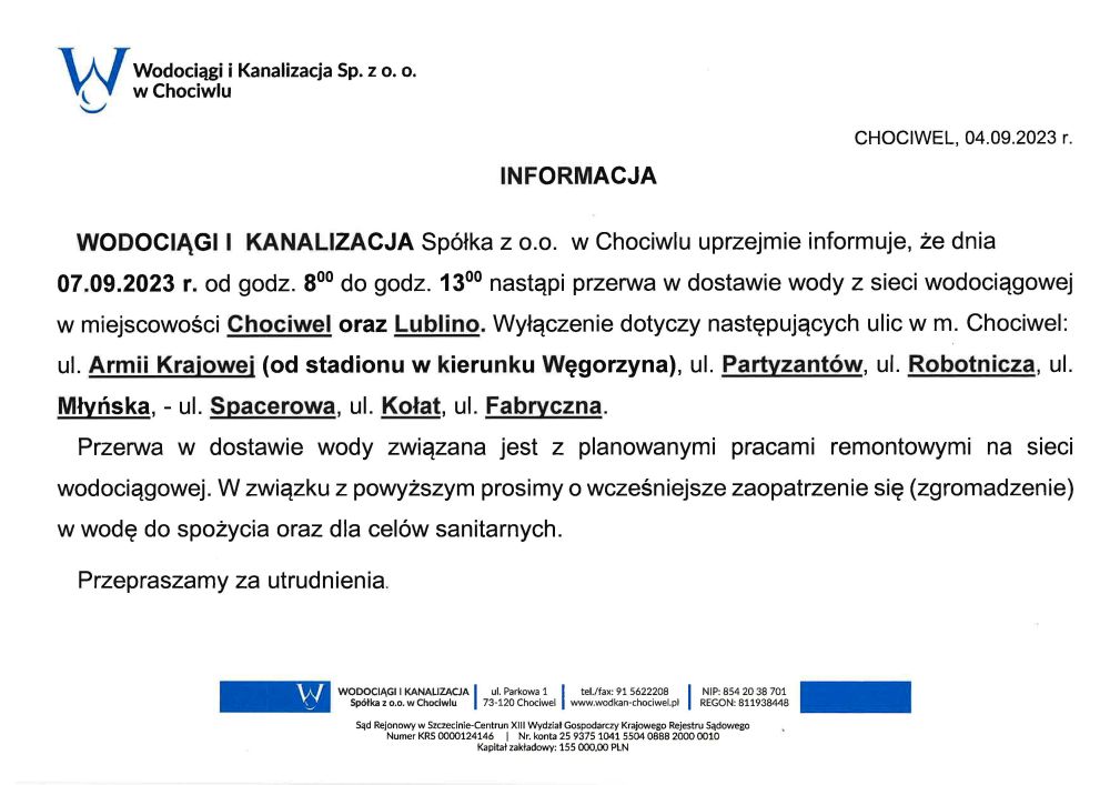 Informacja  spółki Wodociągi i Kanalizacja  