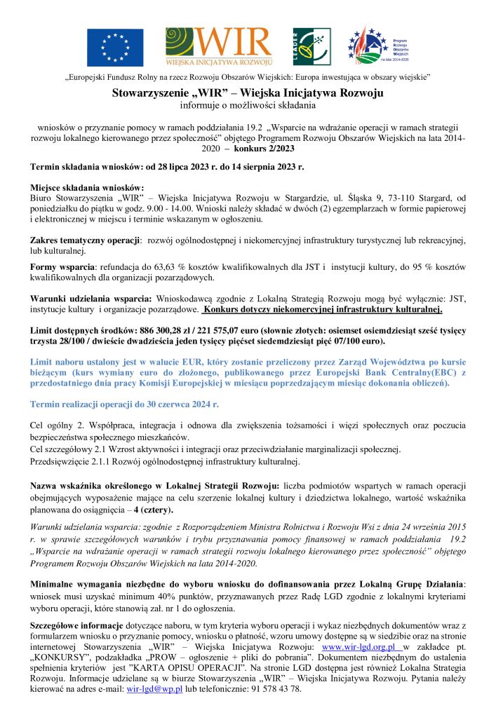 Stowarzyszenie „WIR” ogłasza nabór wniosków - konkurs 2/2023