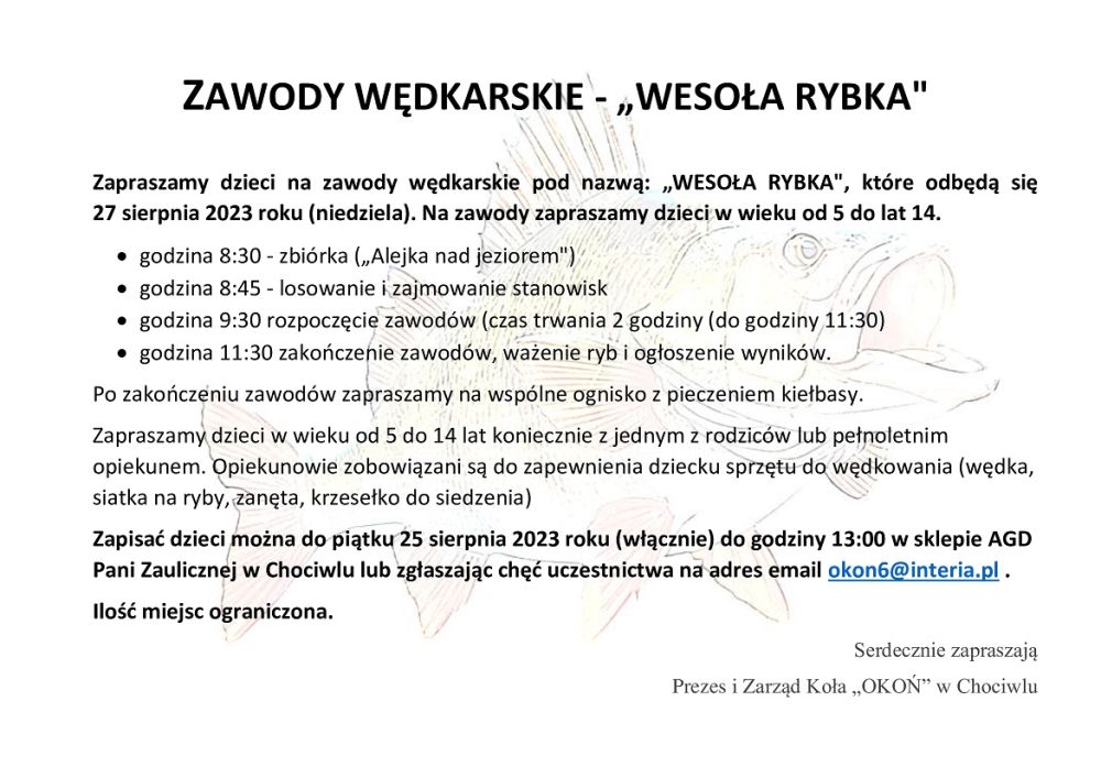 Zapraszamy dzieci na zawody wędkarskie "Wesoła Rybka"