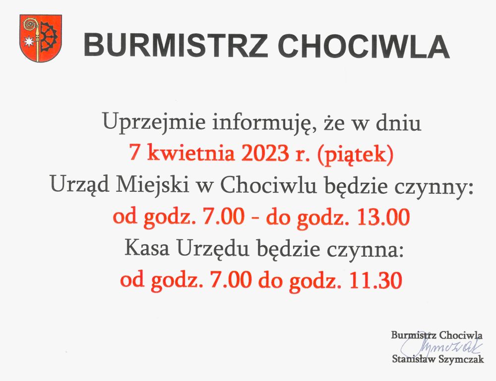 Godziny pracy Urzędu Miejskiego w Chociwlu - 07.04.2023roku