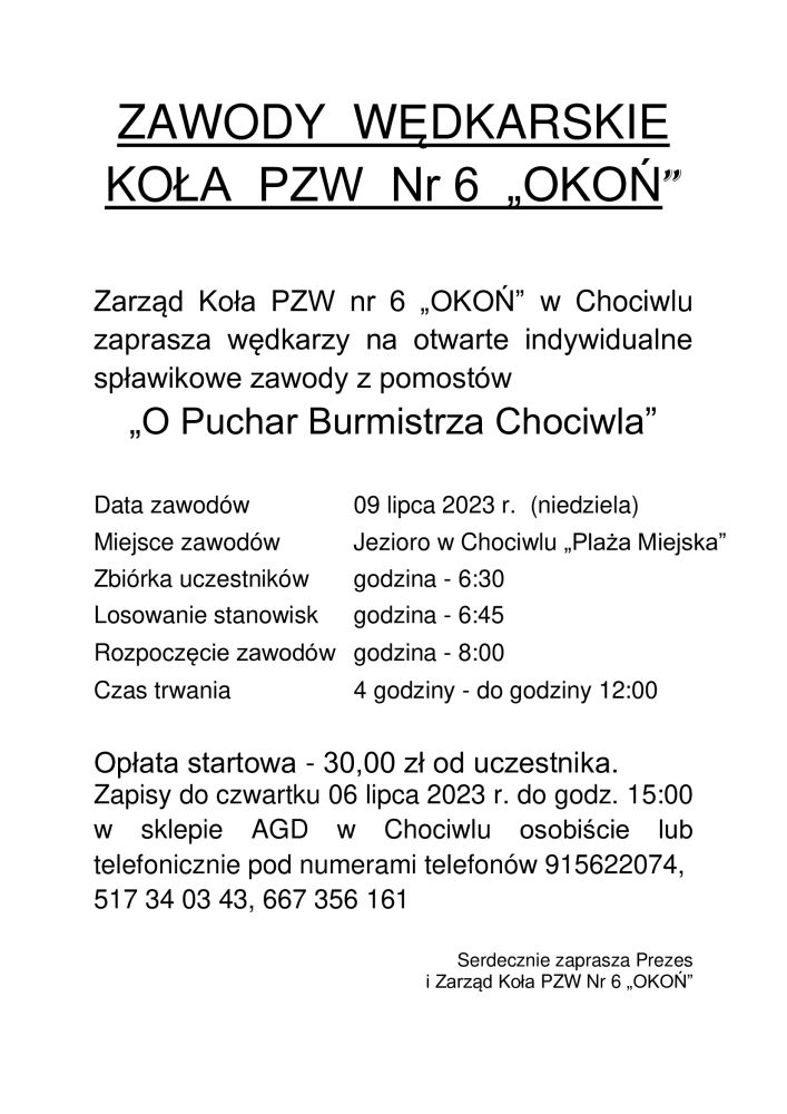 Zaproszenie na zawody wędkarskie "O Puchar Burmistrza Chociwla"