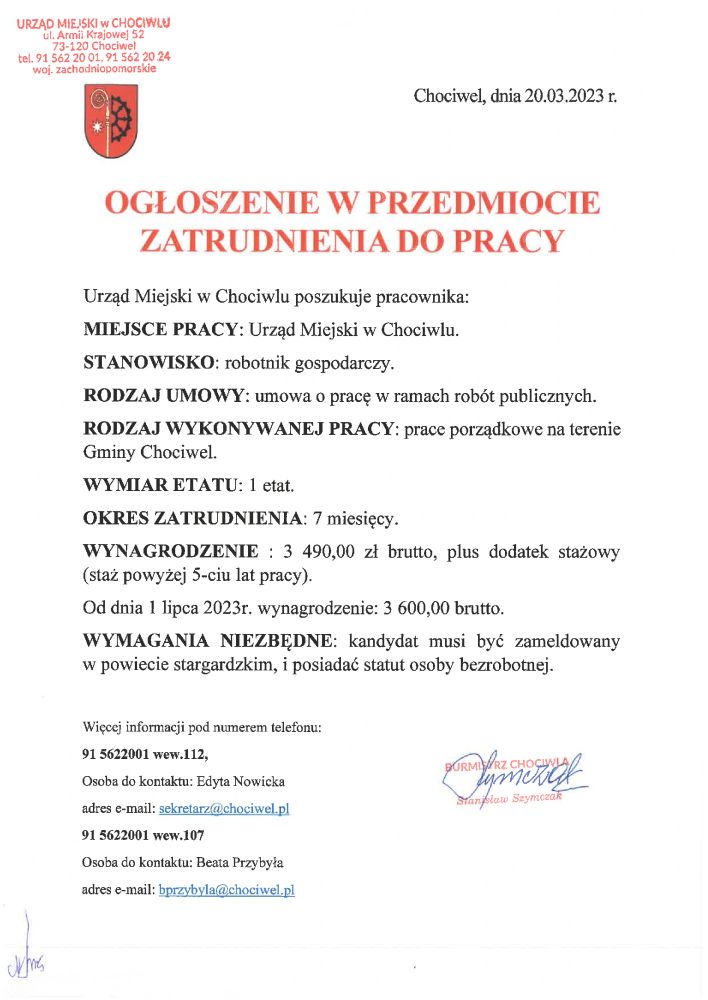 Ogłoszenie w przedmiocie zatrudnienia do pracy