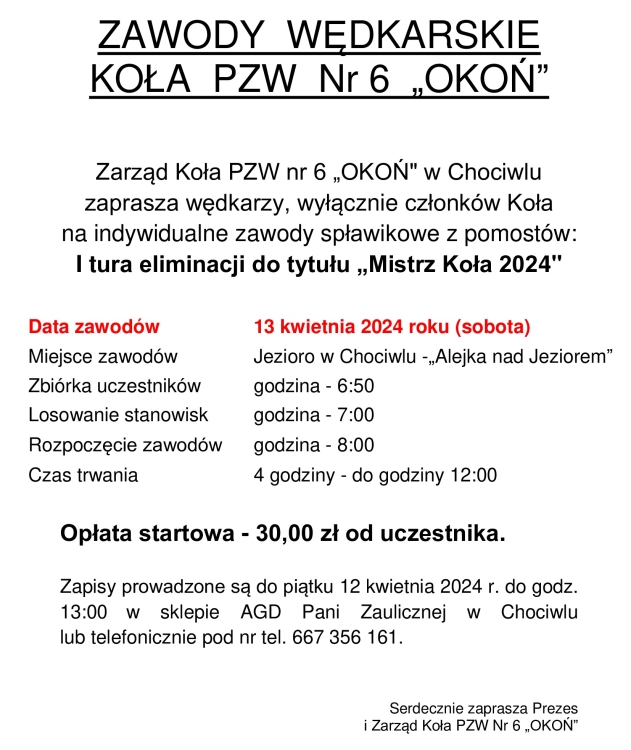 Zapraszamy na zawody wędkarskie Koła PZW Nr 6 "OKOŃ"