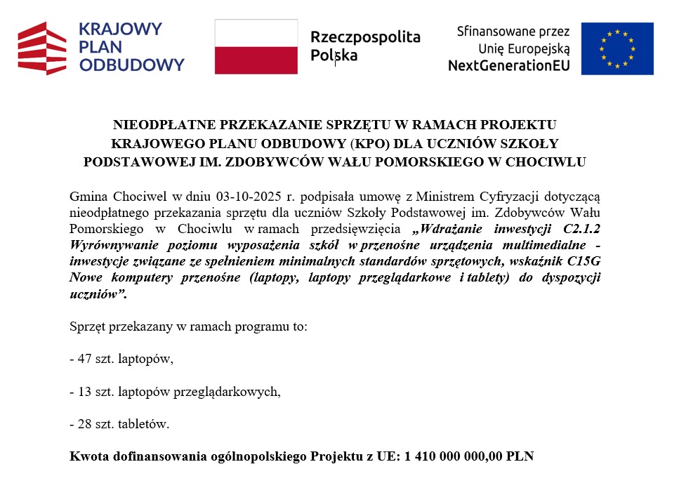 Nieodpłatne przekazanie sprzętu w ramach projektu KPO