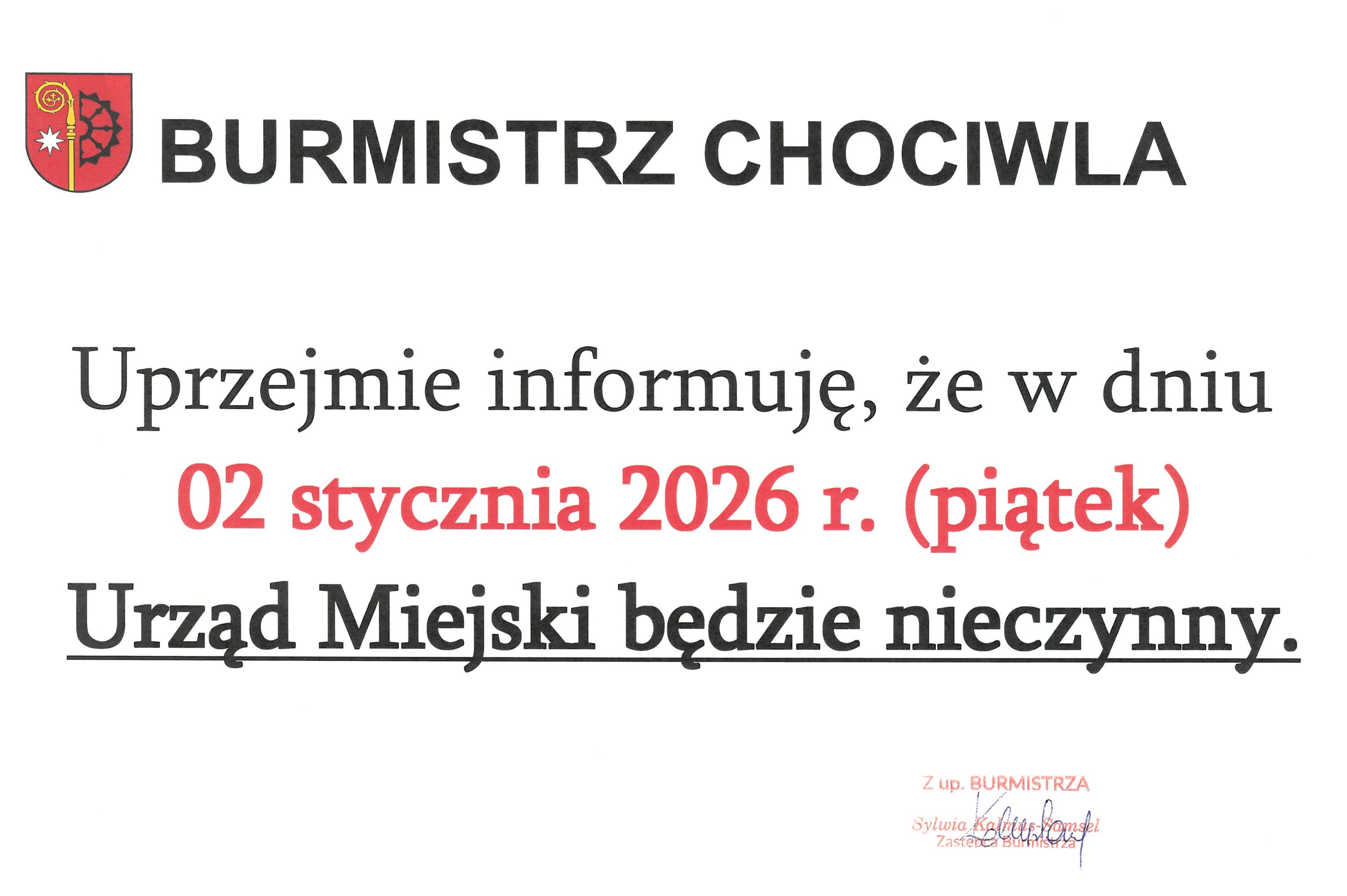 2 stycznia 2026 roku Urząd Miejski w Chociwlu będzie nieczynny
