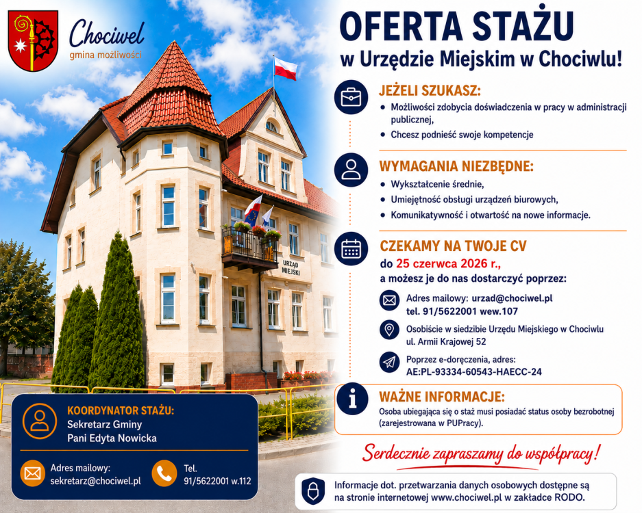 Oferta stażu w Urzędzie Miejskim w Chociwlu