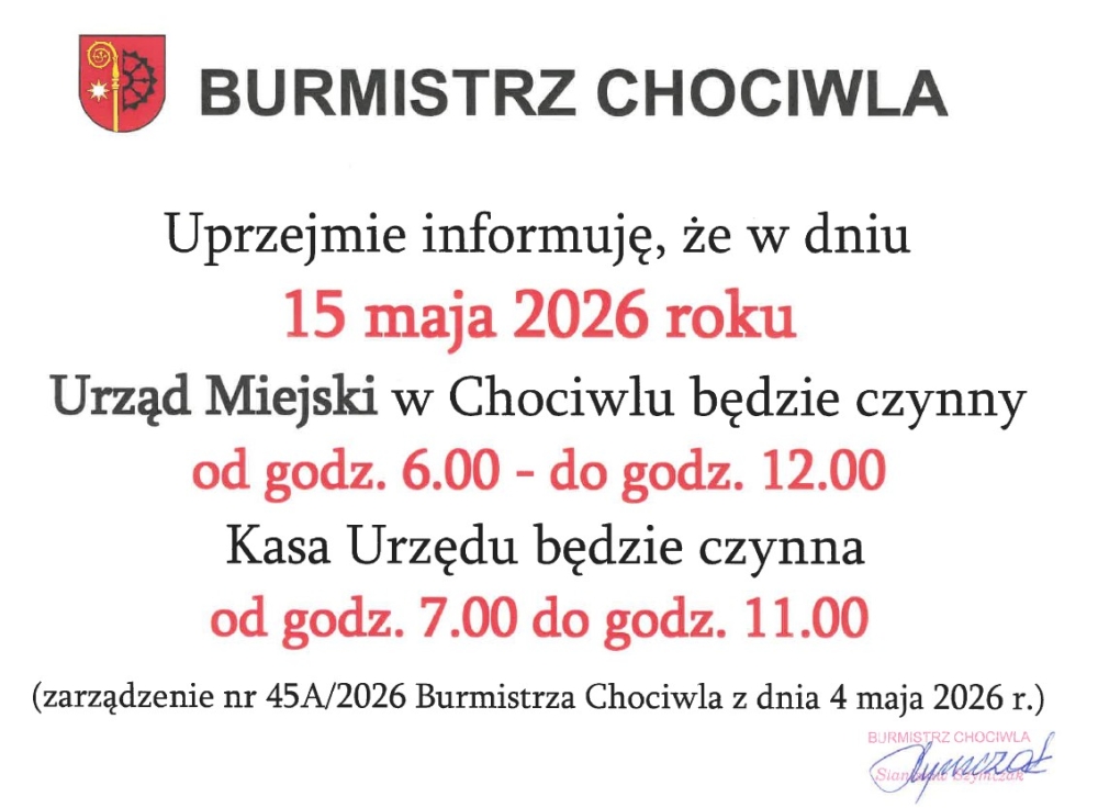 Godziny Pracy UM w Chociwlu 15.05.2026 roku