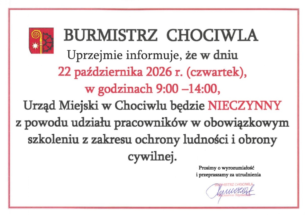 Zmiana godzin pracy Urzedu Miejskiego w Chociwlu w dniu 22.10.26 roku